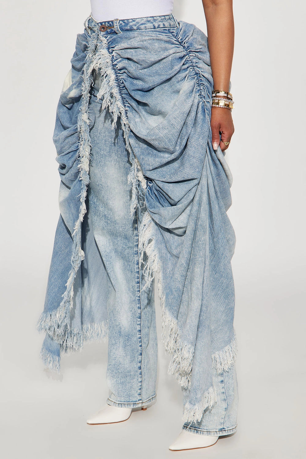 Distressed Skirt Overlay Straight Jeans