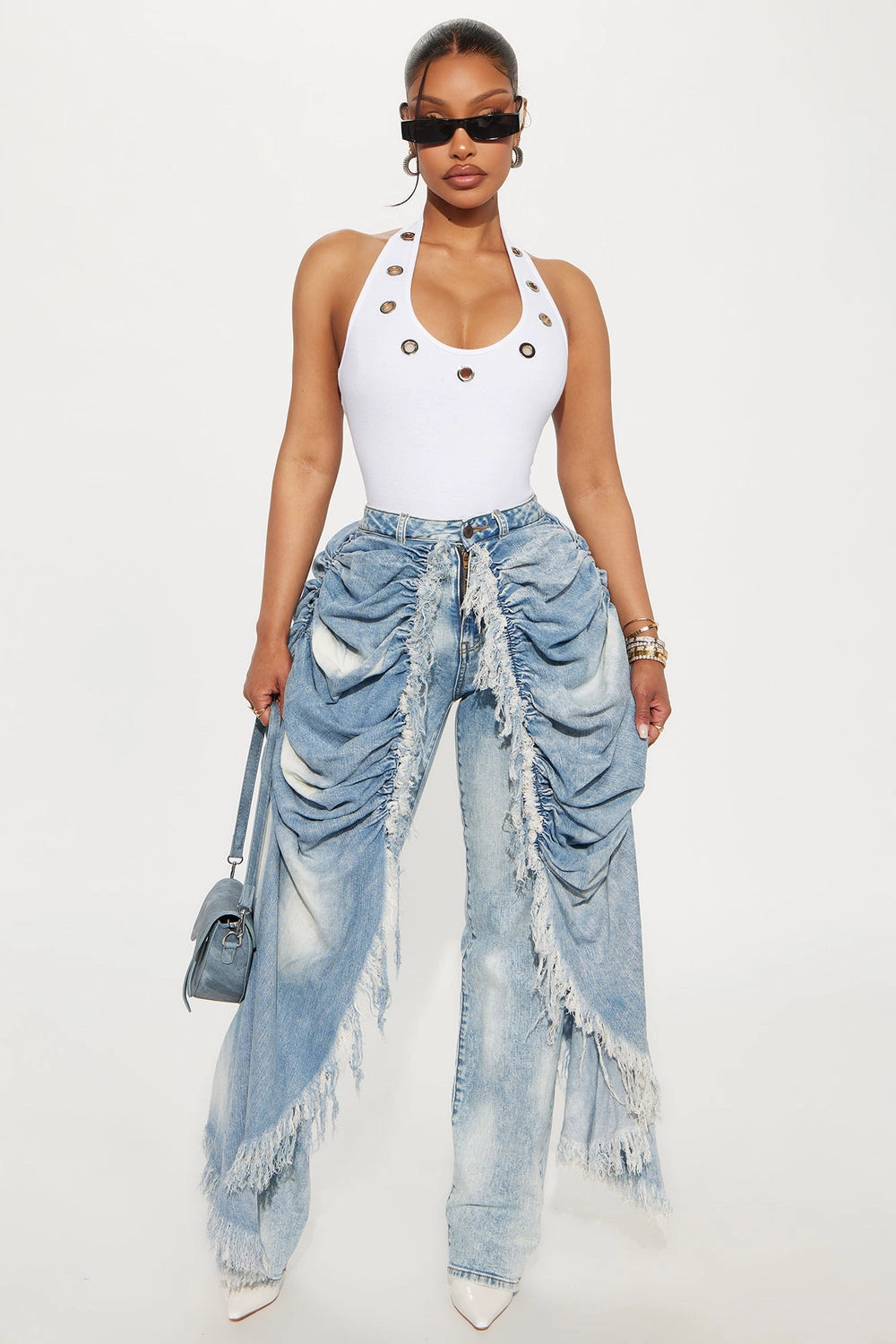 Distressed Skirt Overlay Straight Jeans