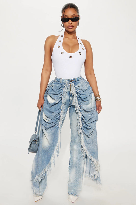 Distressed Skirt Overlay Straight Jeans