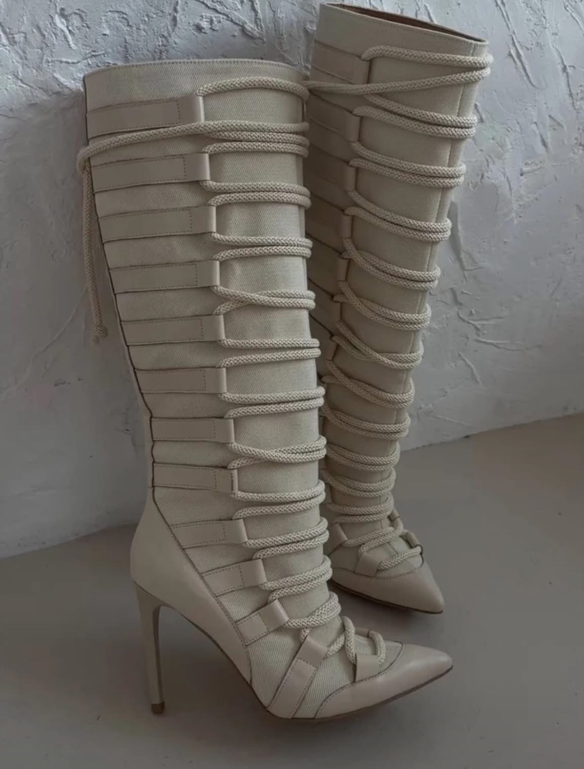 Women's Rope Lace up Sexy Leather Knee High Boots 2025 New in Stilettos Pointed Toe High Heels Party Luxury Designer Shoes